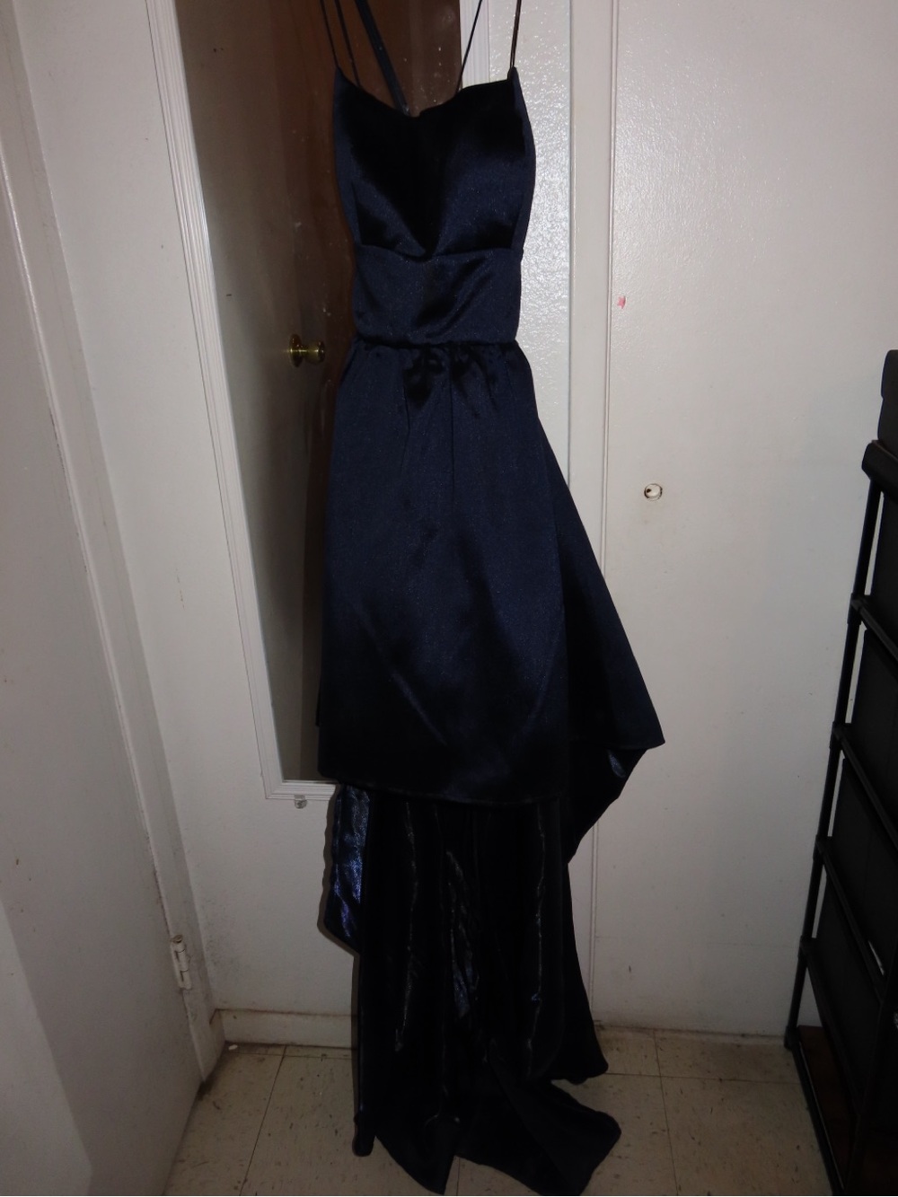B Darlin Navy High-Low Satin Evening Gown